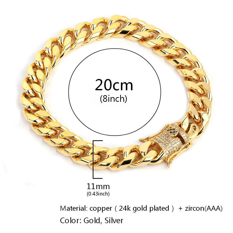 11mm Iced Zircon Cuban Chain Bracelet Men's Hip Hop Jewelry Copper Material Gold Color CZ Clasp Cuban Bracelet Link 8"