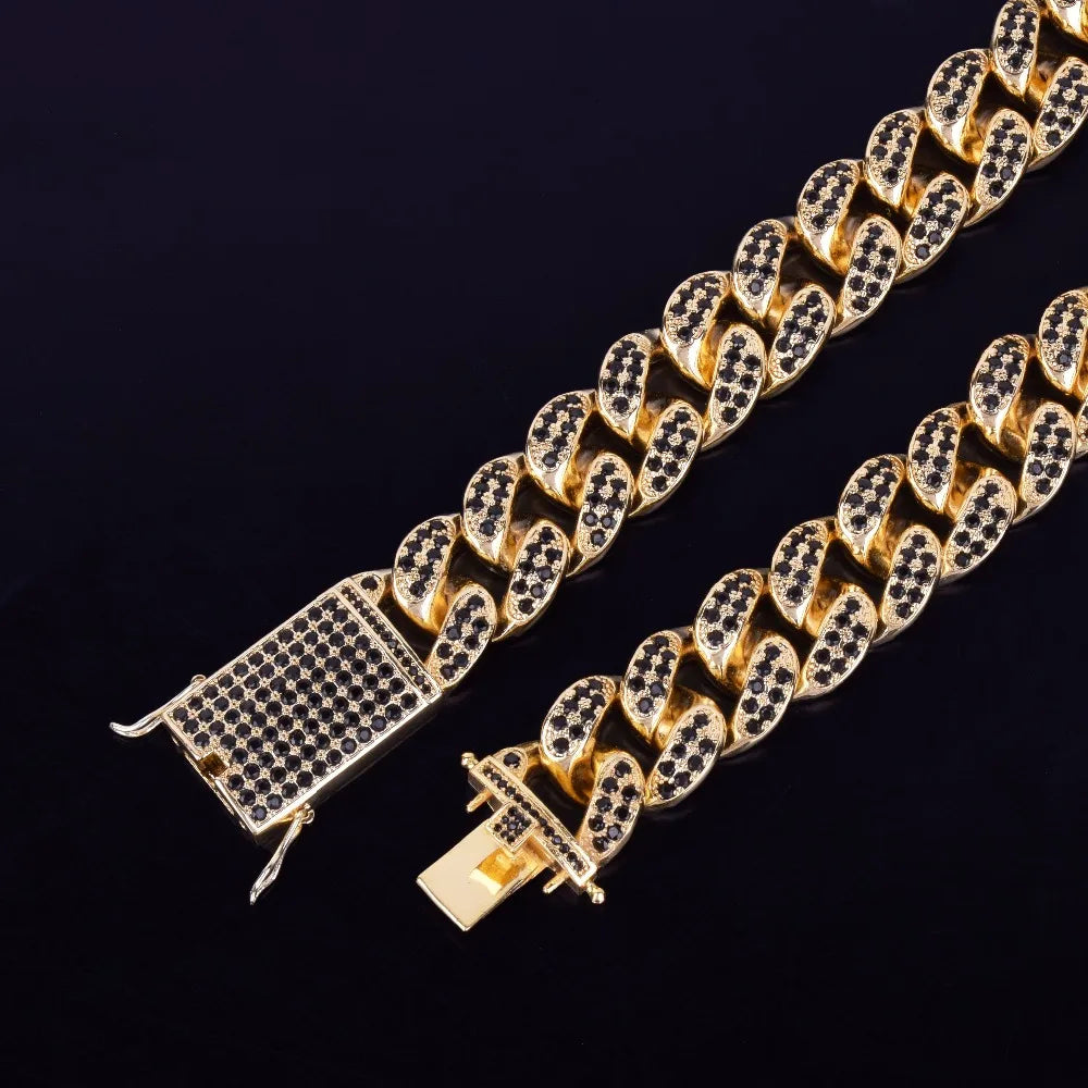 Finish Men's 20mm Heavy Black Zircon Miami Cuban Link Necklace Choker Bling Bling Hip hop Jewelry Gold Color Chain 16" 18" 20"