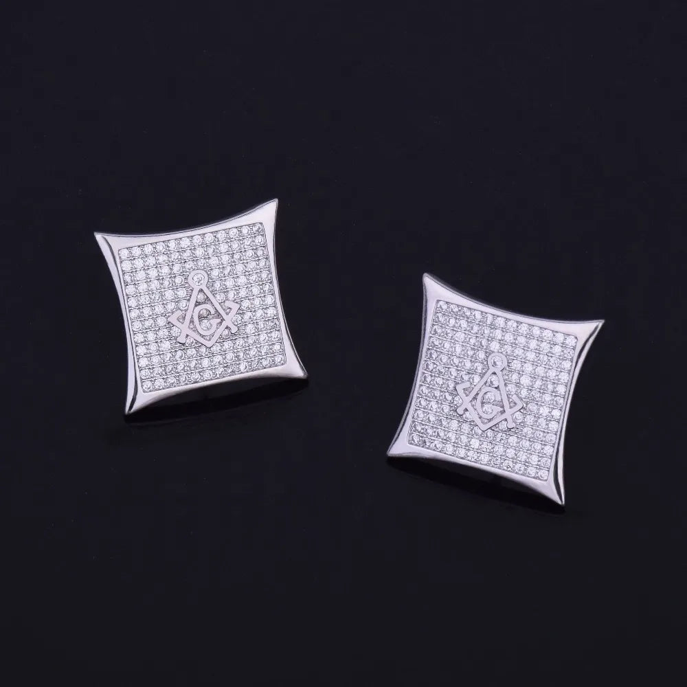 Iced Square Masonic Freemasonry Stud Earring Gold Color Cubic Zircon Earrings For Men Hip Hop Jewelry For Gift 15mm