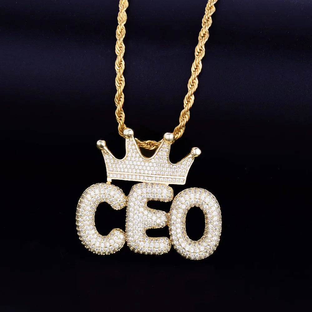 Crown Small Bubble Letters Necklaces & Pendant Gold Color Custom Name Hip Hop Jewelry