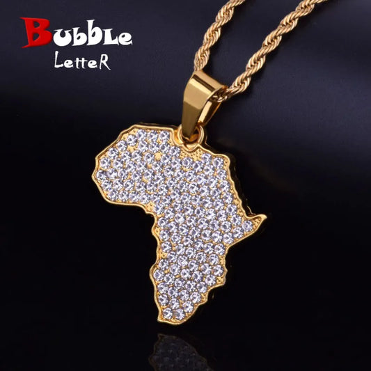 Africa Map Pendant Necklace Bling Rhinestone Crystal Gold Color Hip Hop Chain For Men/Women Gift African Jewelry Wholesale