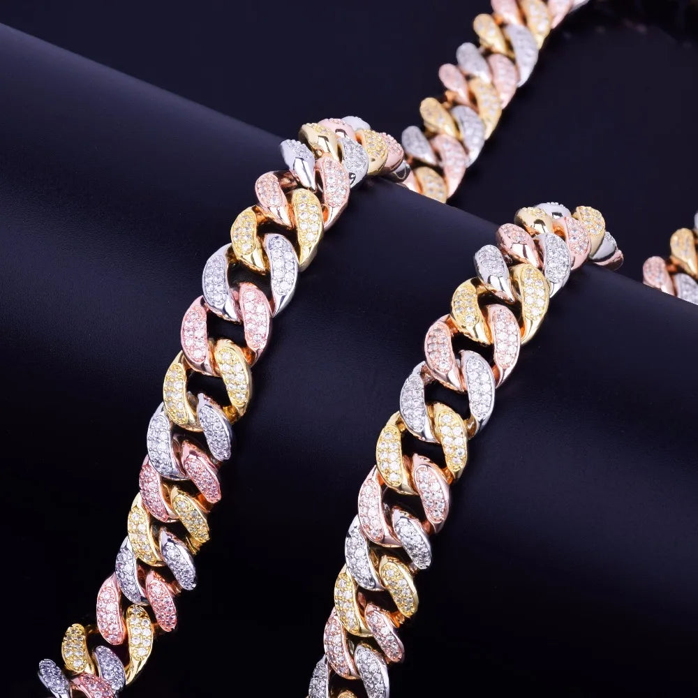 12mm Mixed Color Cuban Necklace Chain Hip hop Jewelry Copper Material CZ Clasp Mens Necklace Link 16-28inch