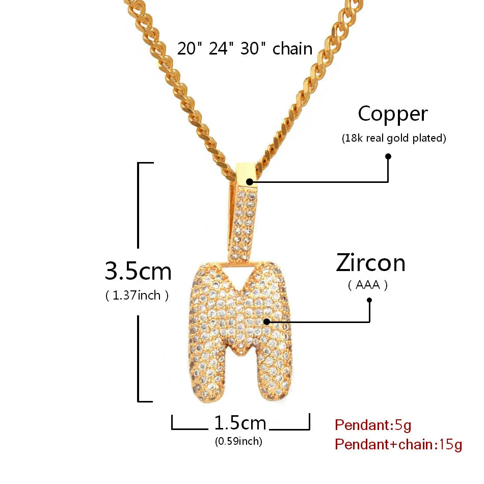 Single Small Bubble Letters Necklaces & Pendant Women Gold Color Cubic Zircon Hip Hop Jewelry Cuban chain