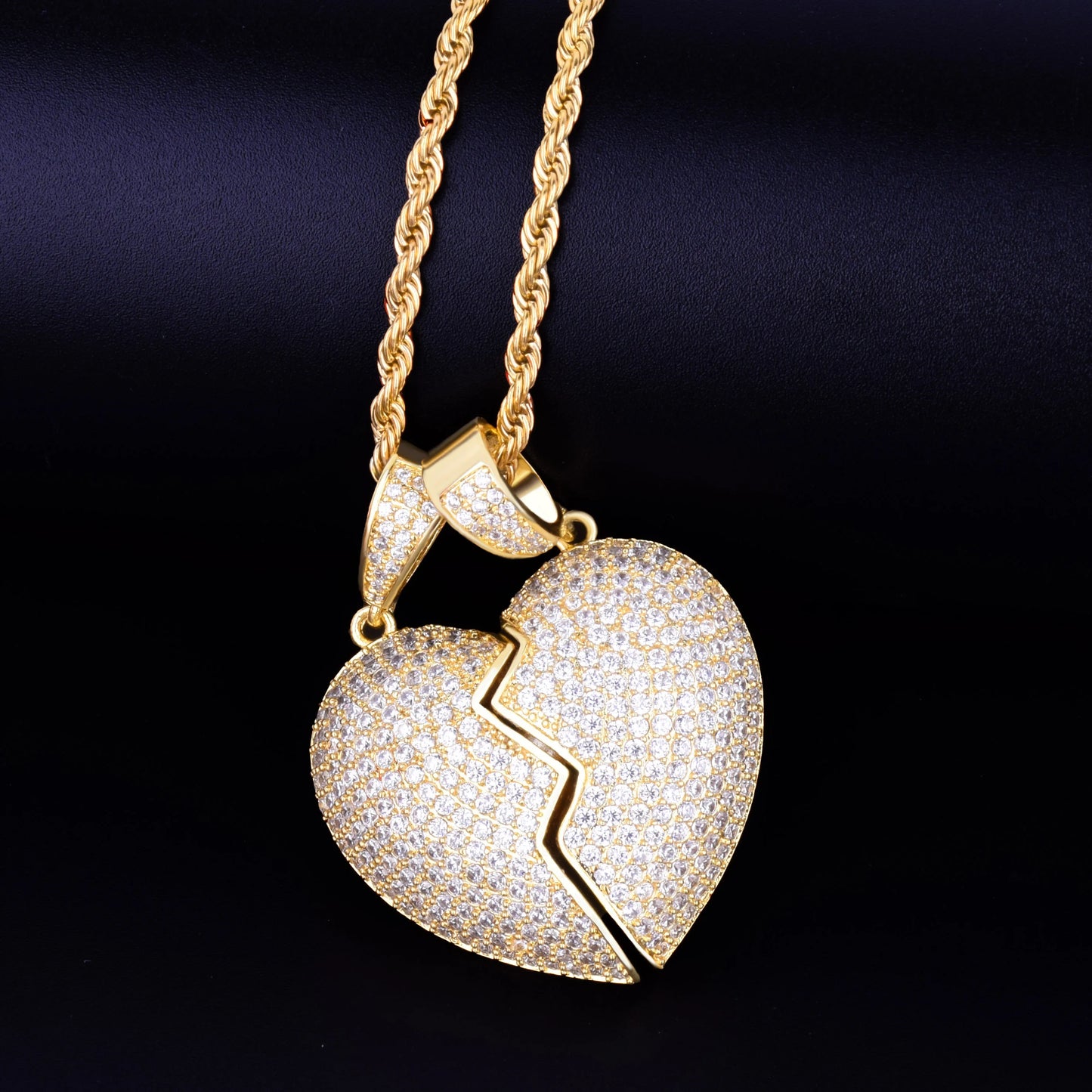 Couple Heart Pendant Necklace Gold Color Plated AAA Cubic Zircon Men's Hip Hop Rock Jewelry