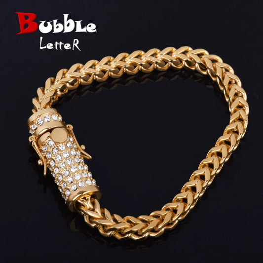 Bubble Letter Box Clasp Fox Franco Link Bracelet Men Stainless Steel Jewelry Rhinestone Filled Chain Hip hop Bracelet 21cm