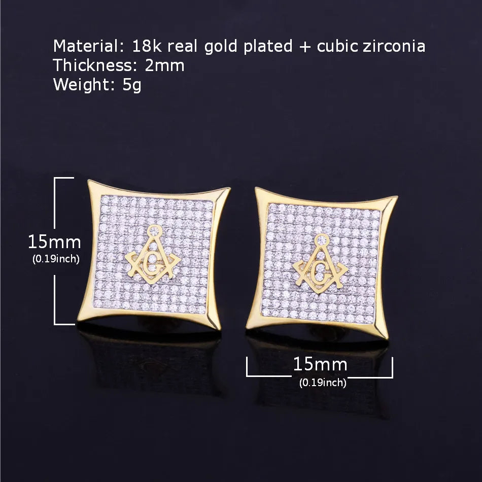 Iced Square Masonic Freemasonry Stud Earring Gold Color Cubic Zircon Earrings For Men Hip Hop Jewelry For Gift 15mm