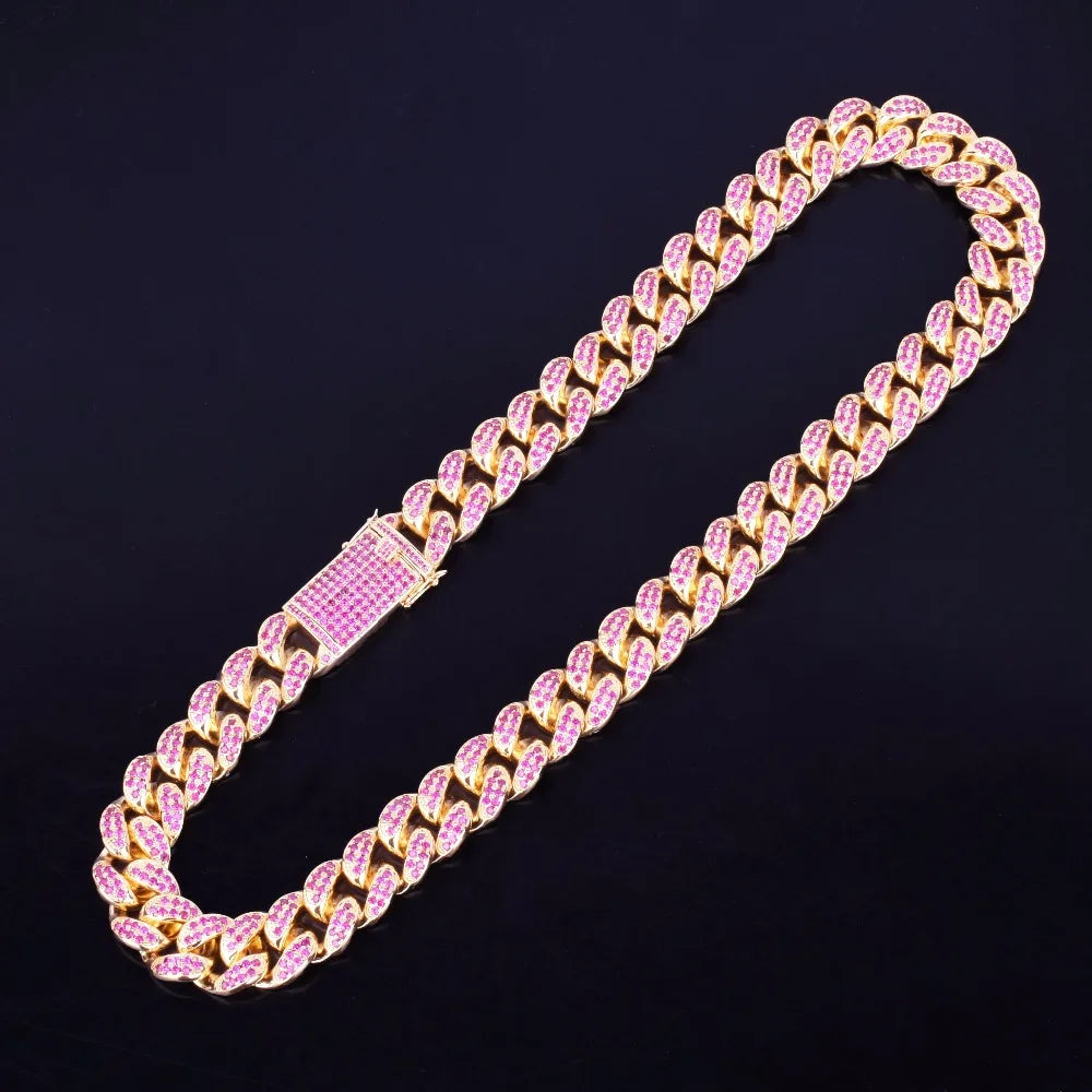 20mm Heavy Pink Color Zircon Miami Cuban Chain Necklace Big Choker Bling Bling Hip hop Men Jewelry Link 16" 18" 20"