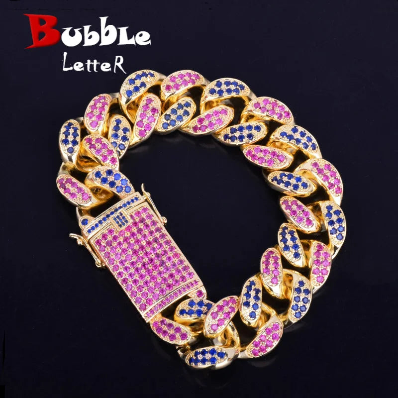 20mm Men's Chunky Colorful Zircon Miami Cuban Link Bracelet Bling Hip hop Jewelry Gold Color AAA CZ Cuban Chain Bracelet 20cm