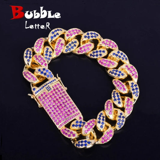 20mm Men's Chunky Colorful Zircon Miami Cuban Link Bracelet Bling Hip hop Jewelry Gold Color AAA CZ Cuban Chain Bracelet 20cm