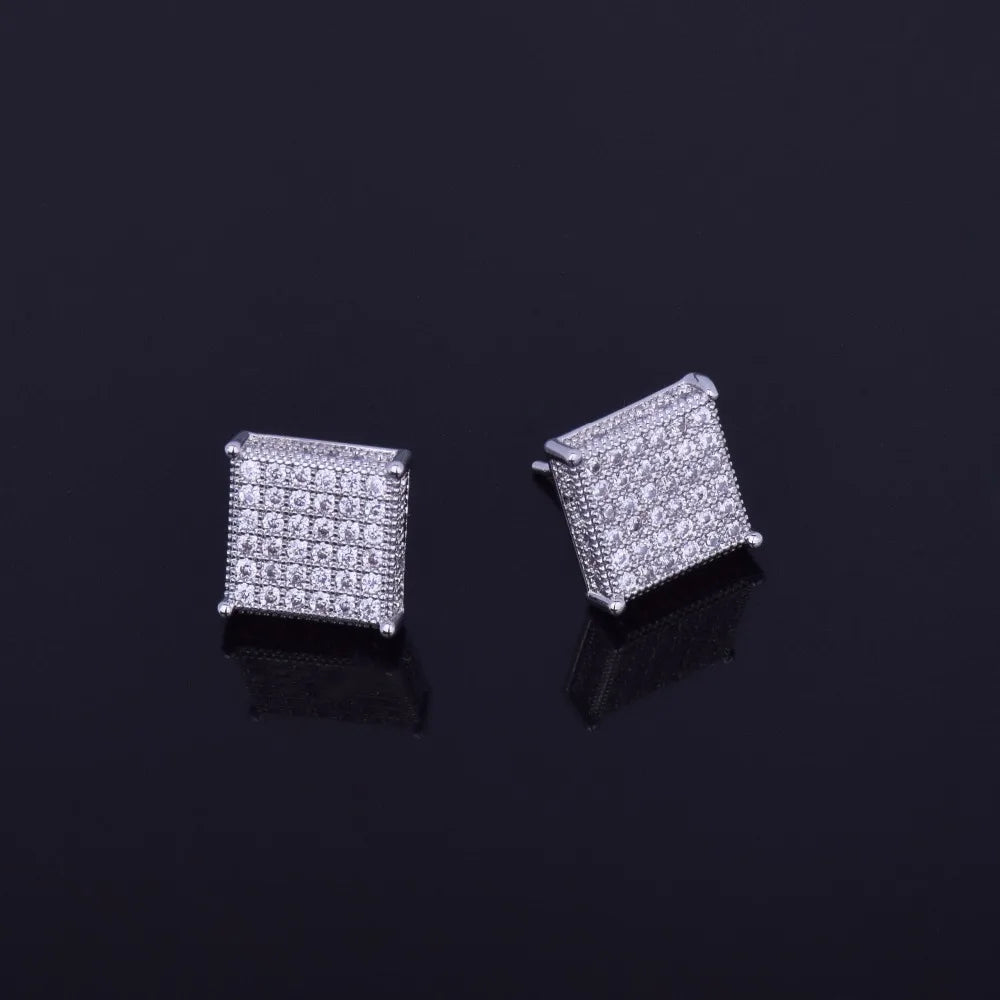 Micro Pave Cubic Zircon Earring Gold Color Hip hop Jewelry Copper Iced AAA CZ Square Stud Earrings Push-back 12x12mm Street Rock