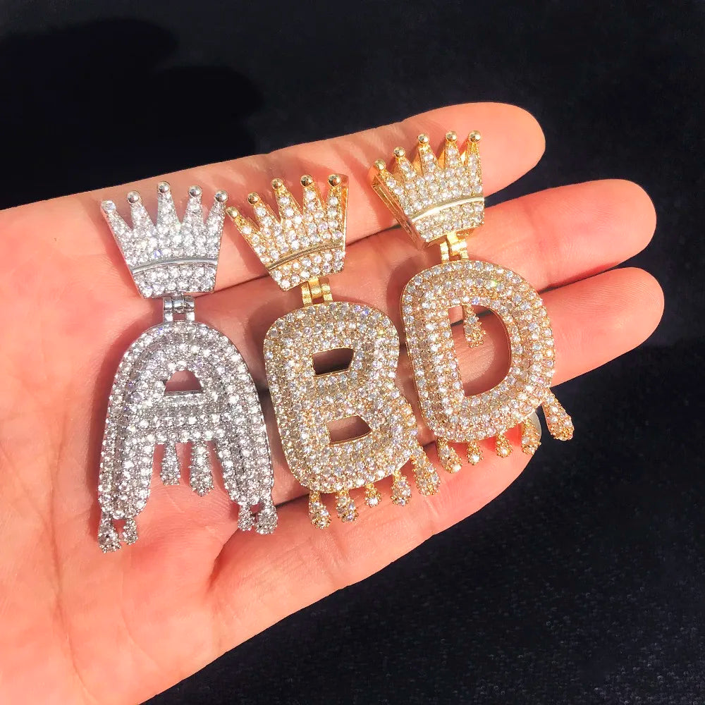 Single Crown Bail Drip Initials Bubble Letters Necklaces & Pendant For Men Women Gold Color Cubic Zircon Hip Hop Jewelry