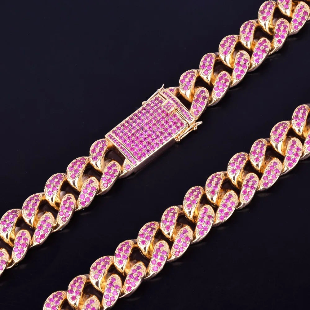 20mm Heavy Pink Color Zircon Miami Cuban Chain Necklace Big Choker Bling Bling Hip hop Men Jewelry Link 16" 18" 20"