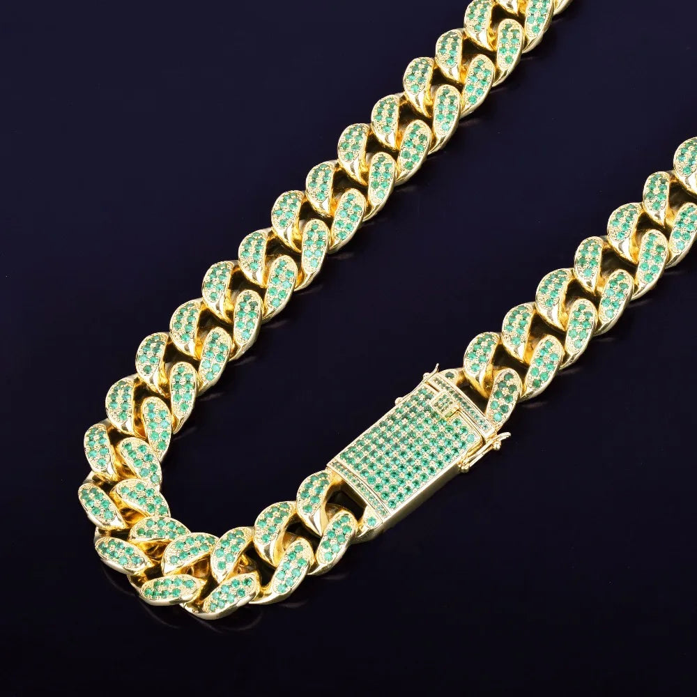 20mm Heavy Green Color Zircon Miami Cuban Chain Necklace Choker Bling Bling Hip hop Men Jewelry Link 16" 18" 20"