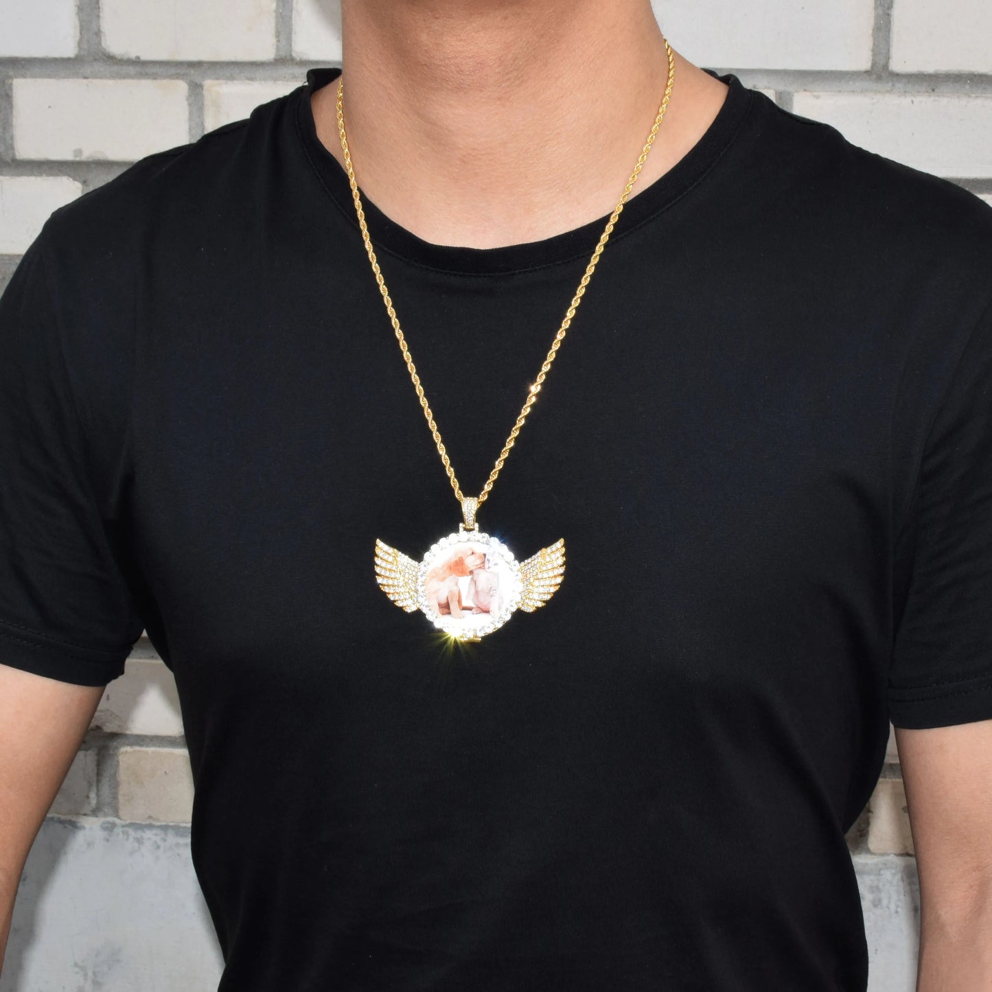 Bubble Letter Custom Photo Necklace for Men Picture Projection Pendant Angel Wing Medallion Real Gold Plated Hip Hop Jewelry