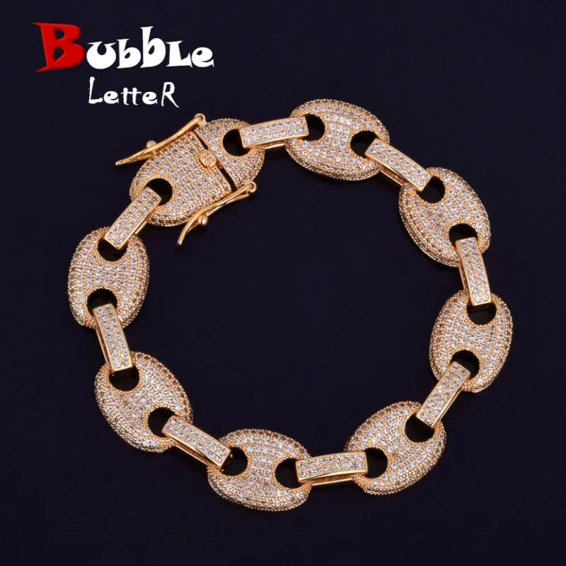 12MM Gold Color Men Cuban Link Bracelet Hip Hop Jewelry Copper Material Iced Zircon