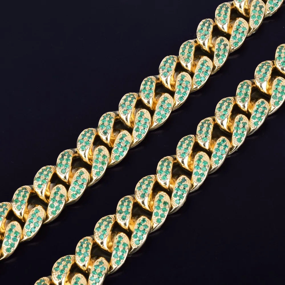 20mm Heavy Green Color Zircon Miami Cuban Chain Necklace Choker Bling Bling Hip hop Men Jewelry Link 16" 18" 20"