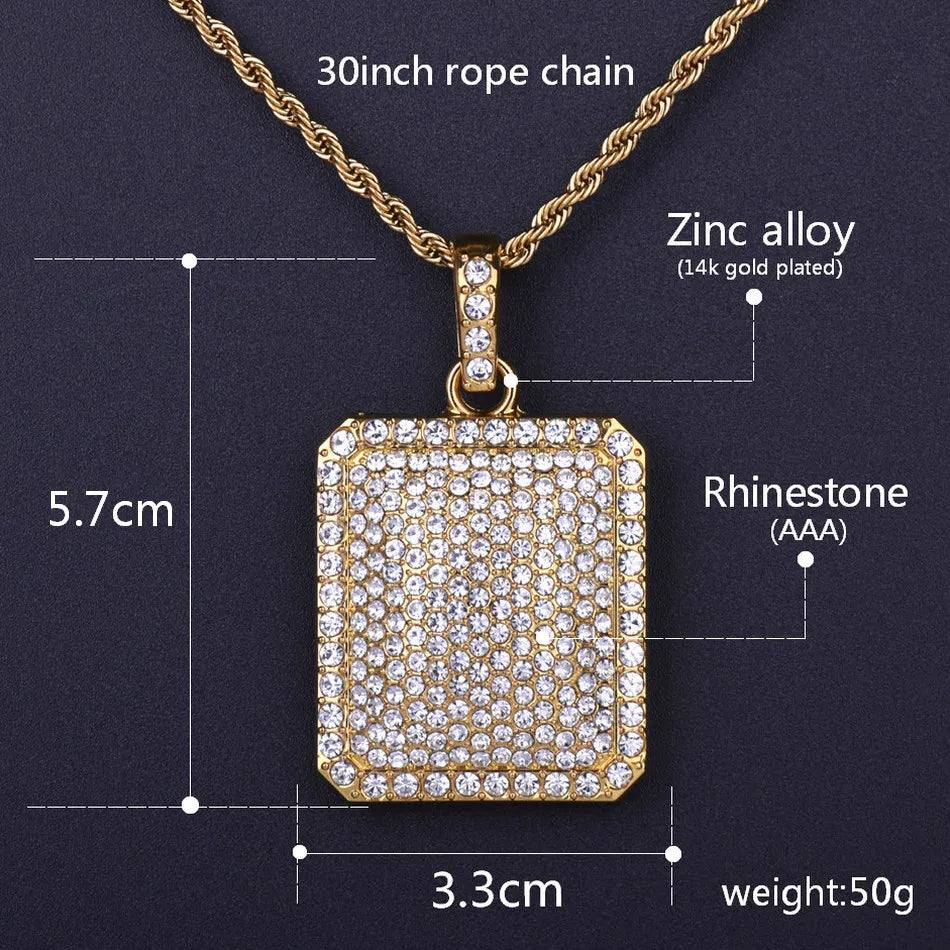 Bubble Letter Men Pendant Full Iced Rhinestone Gold Color Charm Square Dog Tag Necklace With Cuban Chain Hip Hop Jewelry