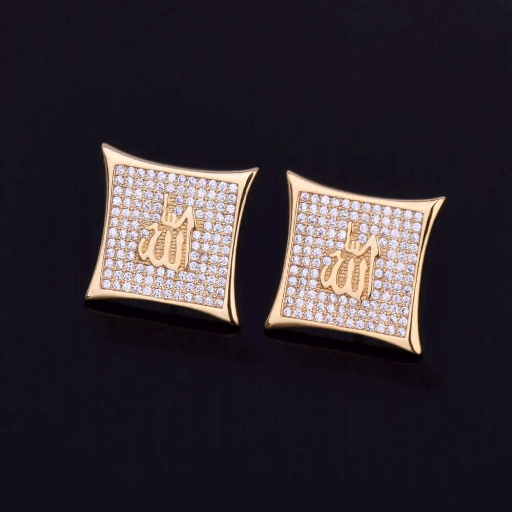 Religious Allah Gold Color Arabic Earrings Iced Cubic Zirconia Stud Earring Men's Hip Hop Jewelry For Friend Gift 15mm