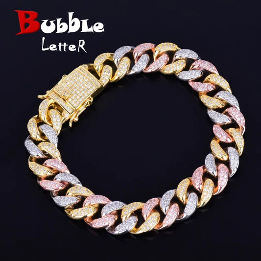 12MM Mixed Color Cuban Chain Bracelet Men's Hip hop Jewelry Iced Out AAA Zirconia Colorful Bracelet 7" 8"