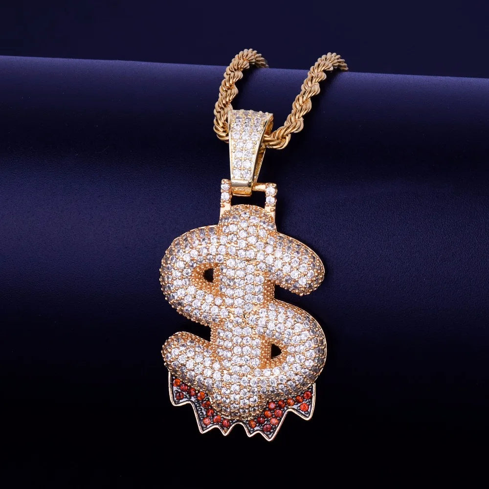 Single Bubble Red Color Drip Question Mark Dollar Pendants & Necklaces Charms Cubic Zircon Men Women Hip Hop Jewelry