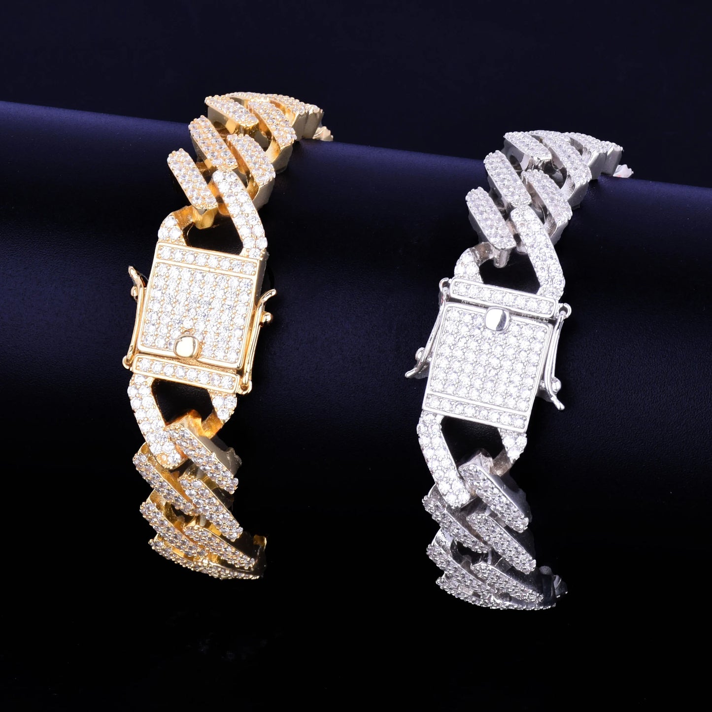 14mm Miami Cuban Link Prong Bracelet Gold Color Iced Out Cubic Zirconia Rock Hip hop Style Men's Jewelry