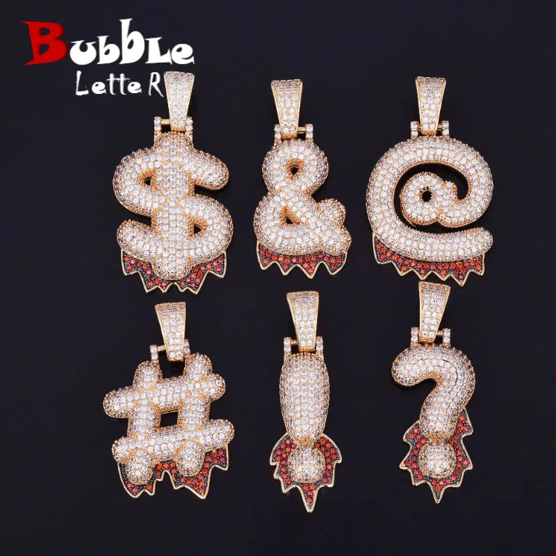 Single Bubble Red Color Drip Question Mark Dollar Pendants & Necklaces Charms Cubic Zircon Men Women Hip Hop Jewelry