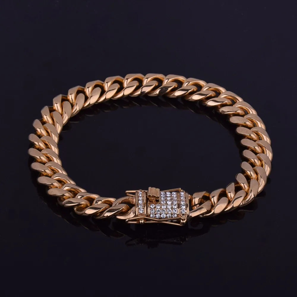 Bubble Letter Men's Stainless Steel Cuban Miami Link Bracelet Iced Rhinestone Clasp Gold Color Hip hop Bracelet Chain 21.5CM