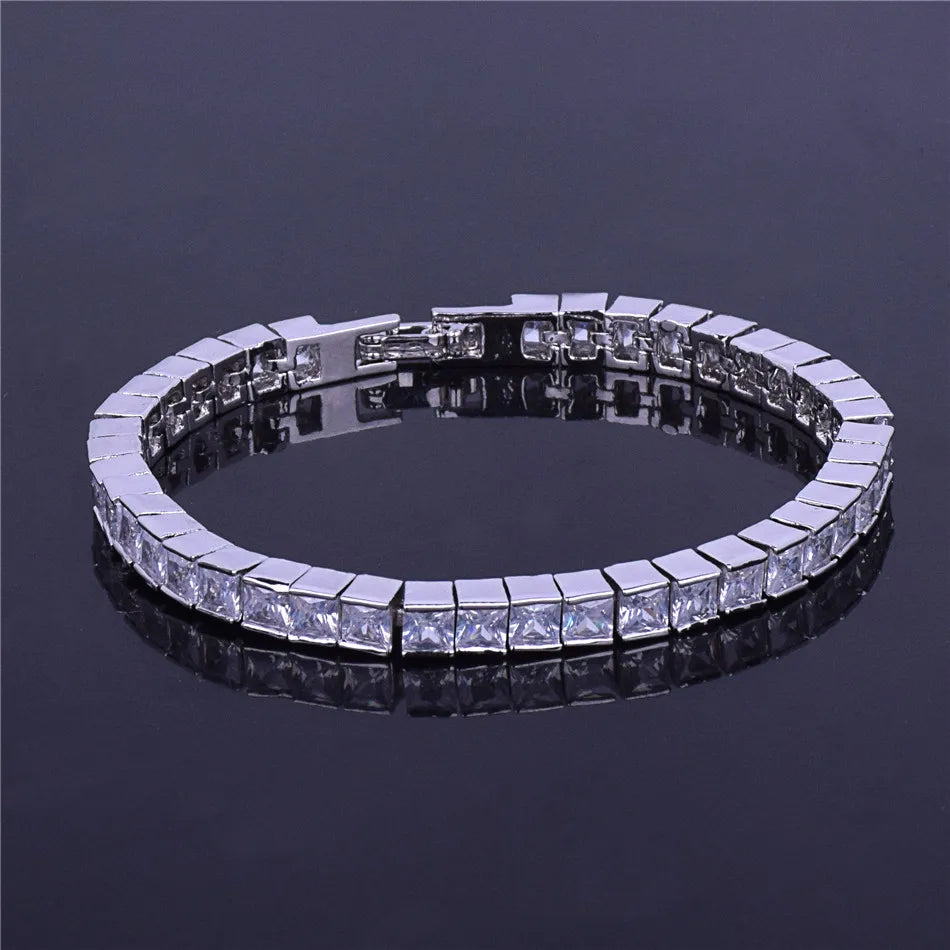 5mm Iced Out Baguette Tennis Bracelet Men Hip Hop Jewelry Copper Material Box Clasp Square Silver Color Link 18cm