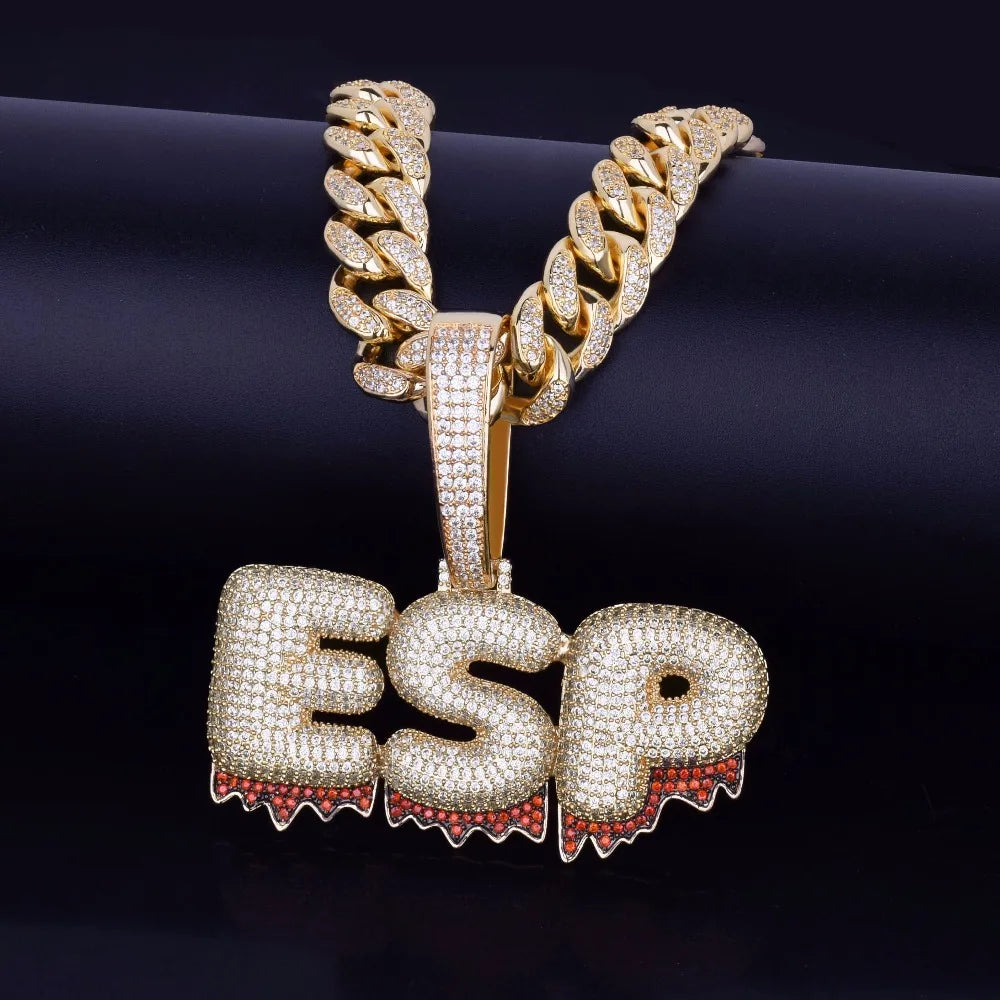 Bubble Letter Custom Name Necklace for Men Red Drippy Personalized Pendants Zircon Hip Hop Jewelry Real Gold Plated Iced Out