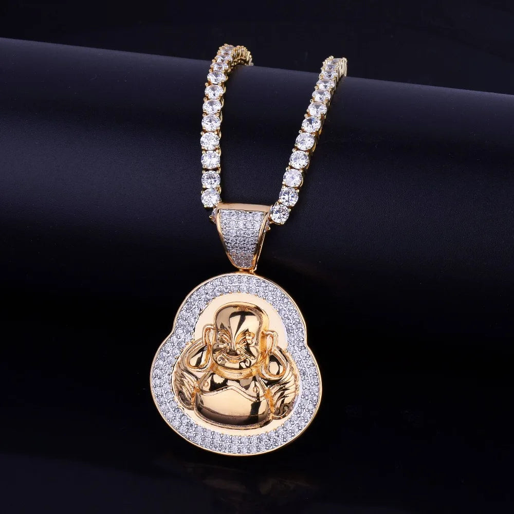 Religious Buddha Pendant Necklace Charms Gold Color Cubic Zircon Men's Hip Hop Jewelry