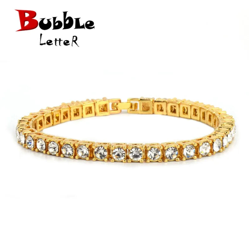 Bubble Letter Men's Hip hop Bracelet Tin Alloy Gold Color Iced Rhinestone Crystal 1 Row Tennis Chain Bracelet Street Rock