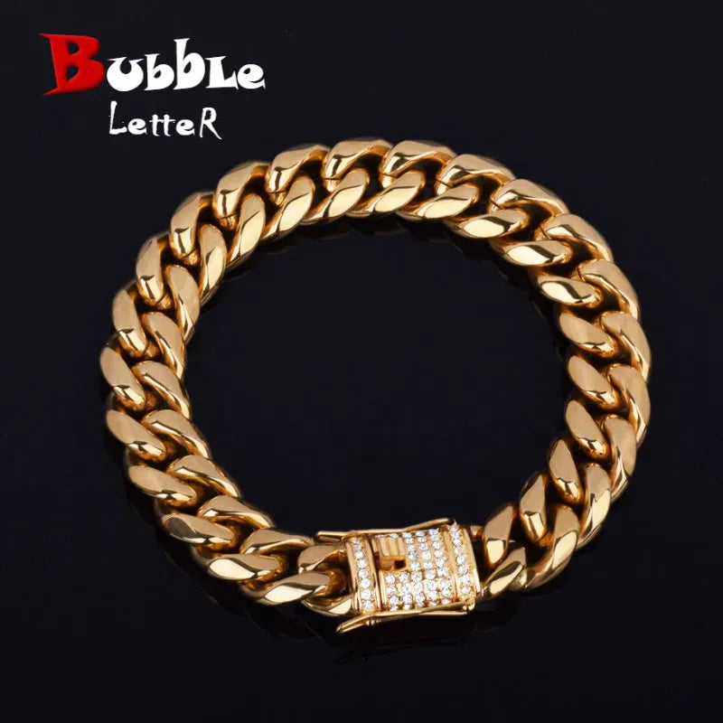 Bubble Letter Men's Stainless Steel Cuban Miami Link Bracelet Iced Rhinestone Clasp Gold Color Hip hop Bracelet Chain 22.5CM