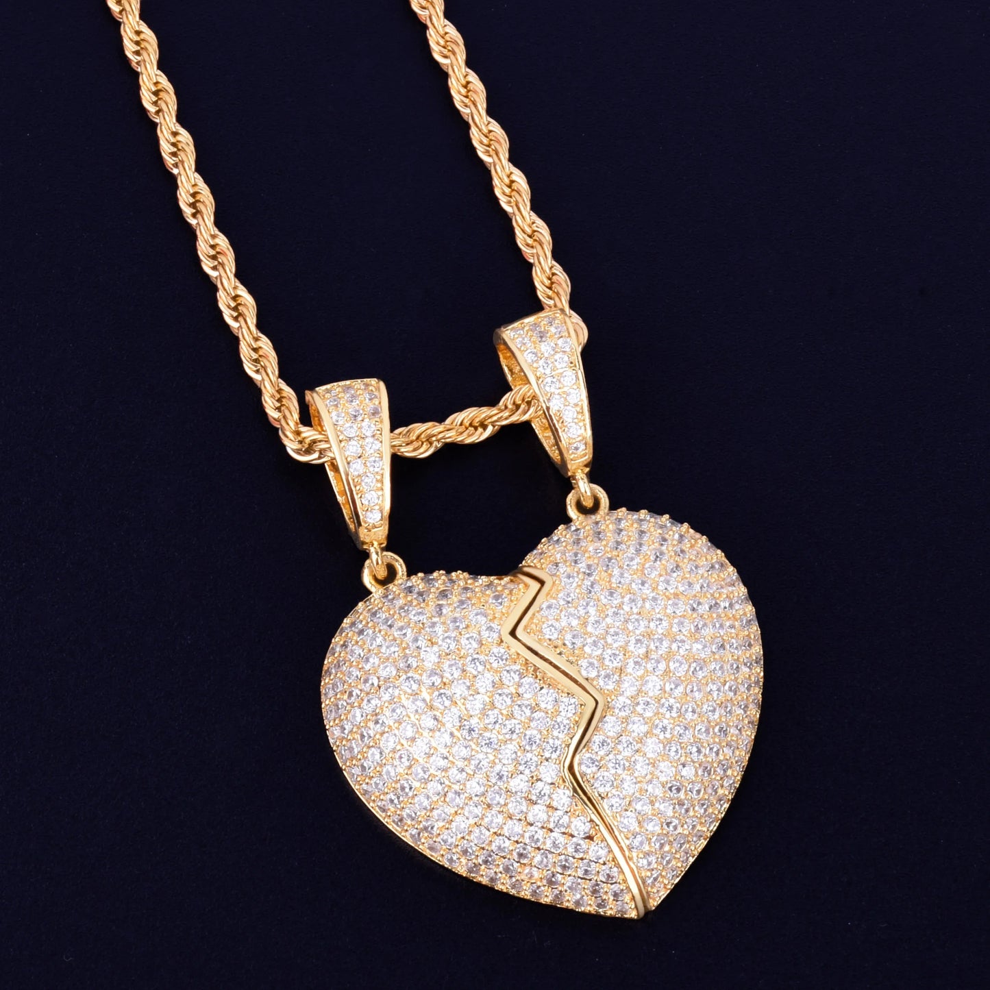 Couple Heart Pendant Necklace Gold Color Plated AAA Cubic Zircon Men's Hip Hop Rock Jewelry