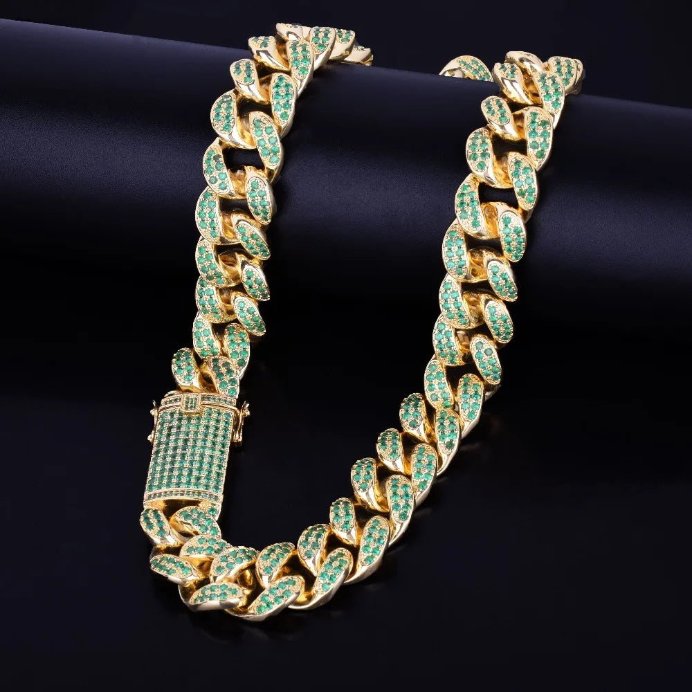 20mm Heavy Green Color Zircon Miami Cuban Chain Necklace Choker Bling Bling Hip hop Men Jewelry Link 16" 18" 20"