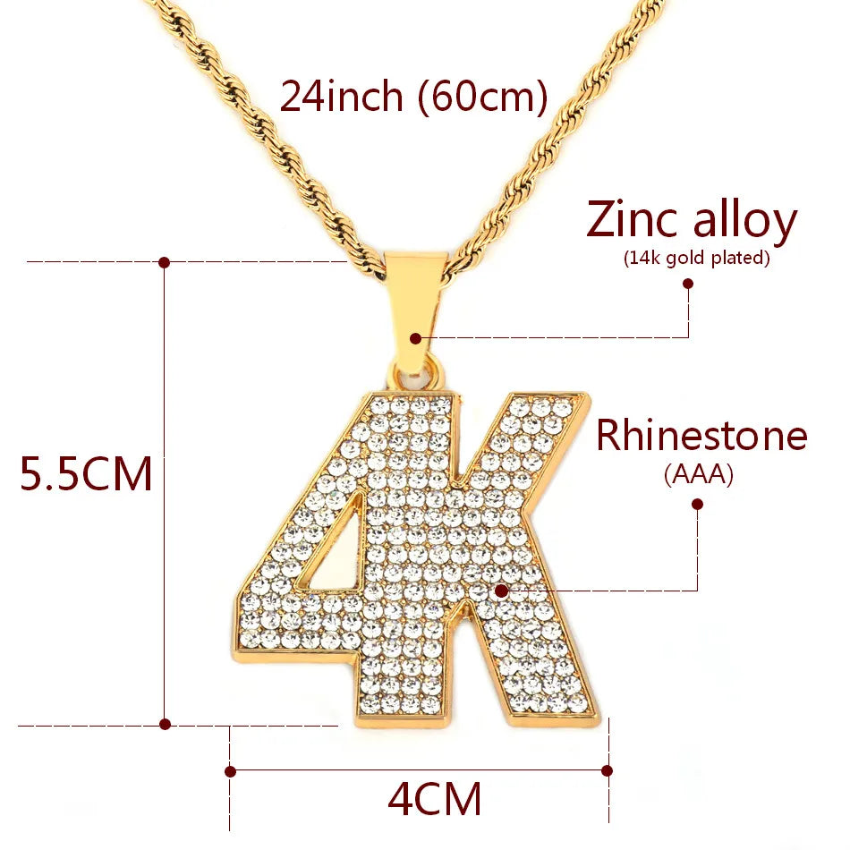 Hip Hop 4K Letters Pendant Necklace Gold Color Charm Bling Iced Full Rhinestone Crystal Men's Rock Jewelry Gift Rope Chain