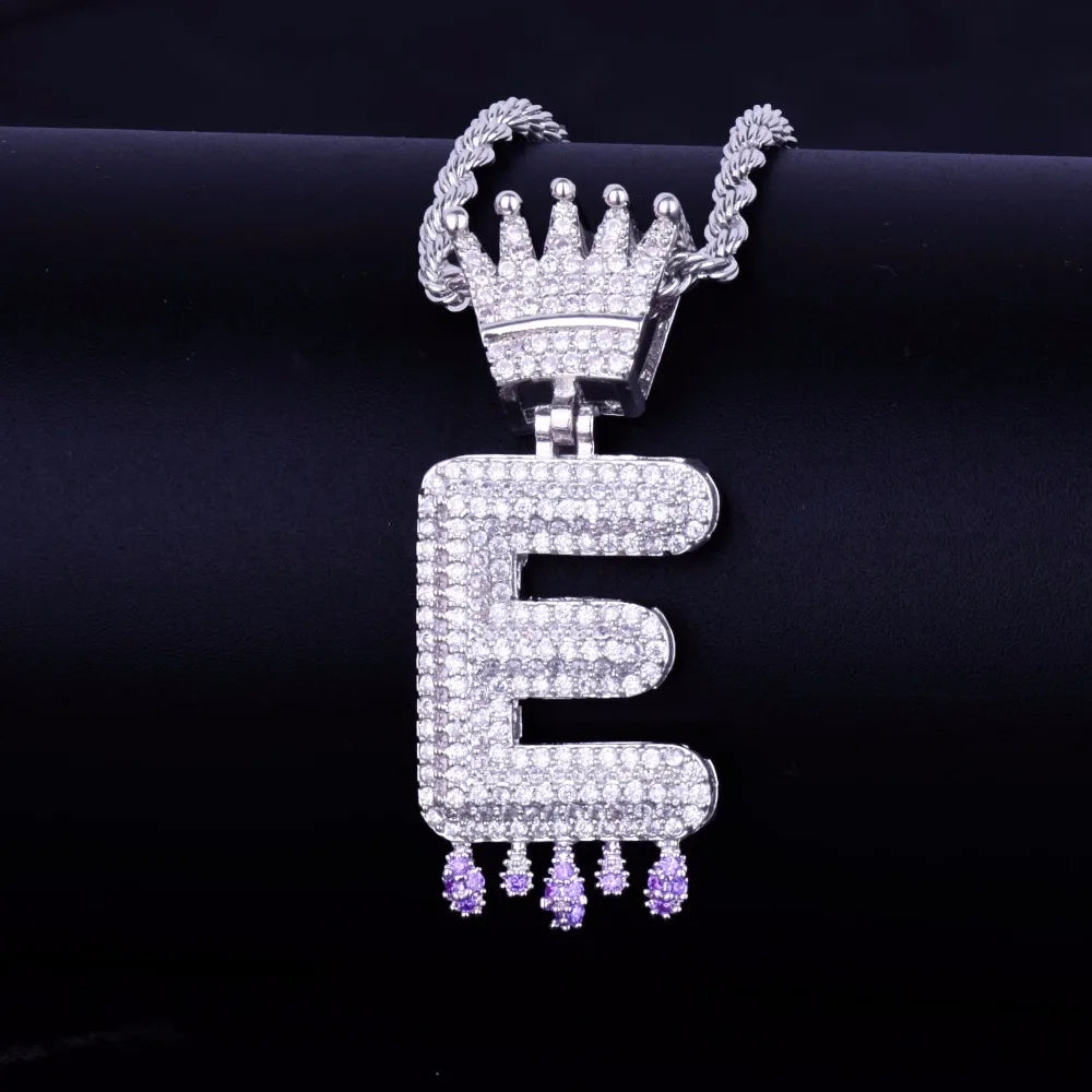 Single Crown Bail Purple Color Drip Initials Bubble Letters Necklaces & Pendant AAA Zirconia For Men Hip Hop Jewelry