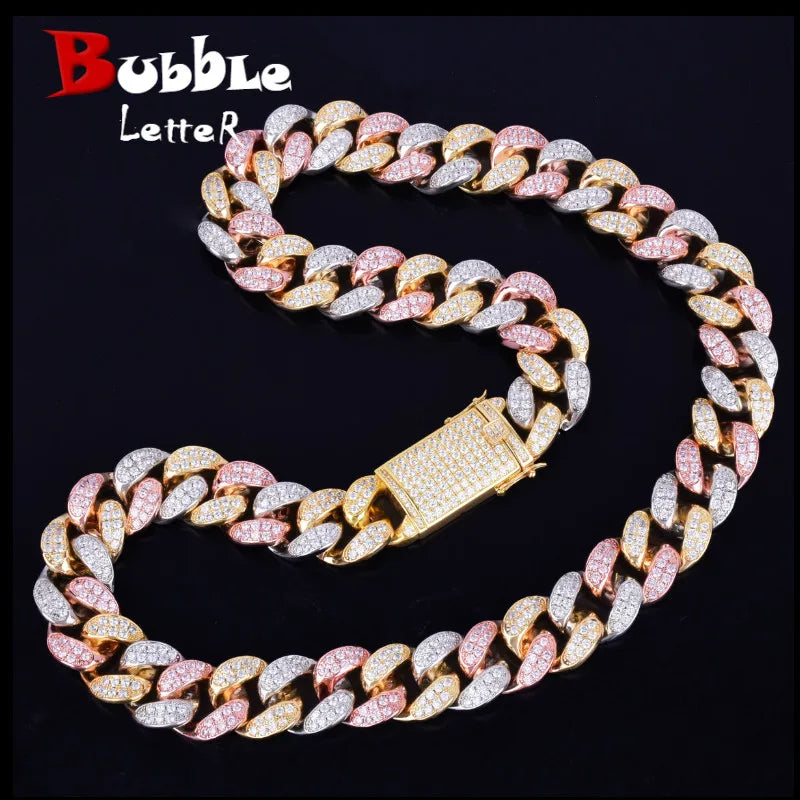 20mm Heavy Gold Color Rose Colorful Zircon Miami Cuban Necklace Choker Men's Hip hop Jewelry Big CUBAN Chain 16" 18" 20"