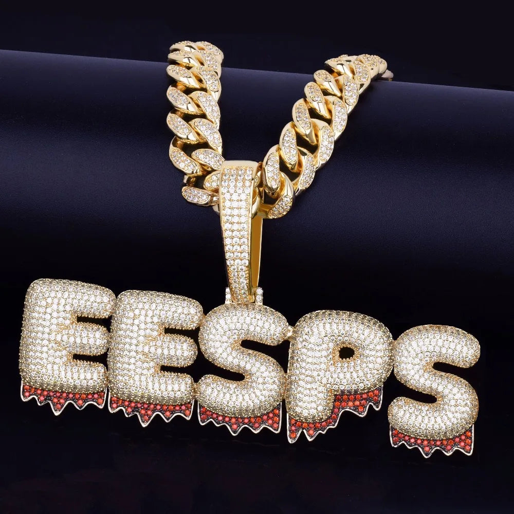 Bubble Letter Custom Name Necklace for Men Red Drippy Personalized Pendants Zircon Hip Hop Jewelry Real Gold Plated Iced Out