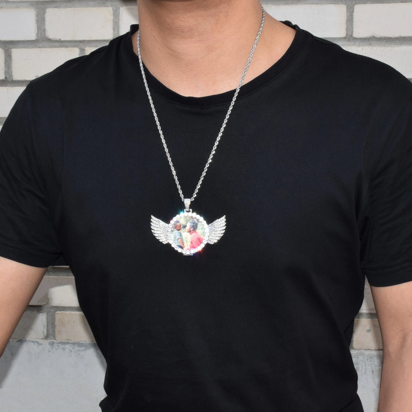 Bubble Letter Custom Photo Necklace for Men Picture Projection Pendant Angel Wing Medallion Real Gold Plated Hip Hop Jewelry