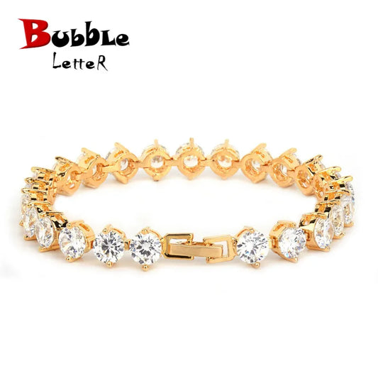 Bubble Letter Iced Zircon Tennis Chain Bracelet Men's Hip hop Jewelry Copper Material Gold Color Box Clasp CZ Bracelet Link 18cm