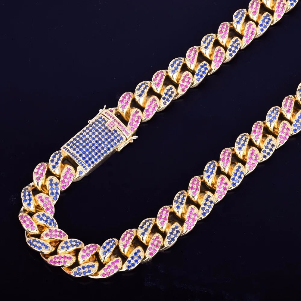 20mm Heavy Colorful Zircon Miami Cuban Necklace Choker Men's Hip hop Jewelry Gold Color CUBAN Chain 16" 18" 20"