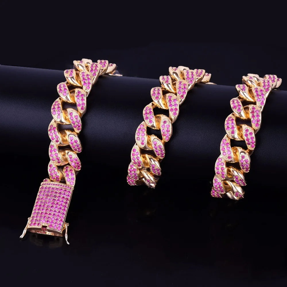 20mm Heavy Pink Color Zircon Miami Cuban Chain Necklace Big Choker Bling Bling Hip hop Men Jewelry Link 16" 18" 20"