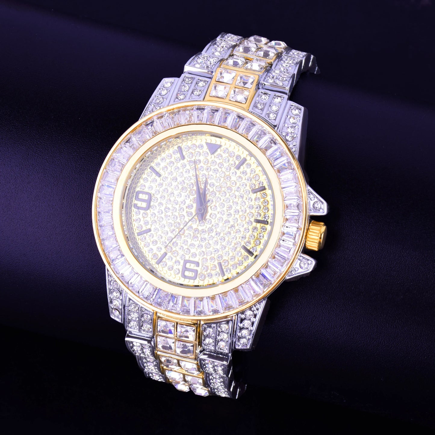 Men's Watch Real Gold Plated Big Dial Military Quartz Clock Luxury Baguette Rhinestone Waterproof Relogio Masculio