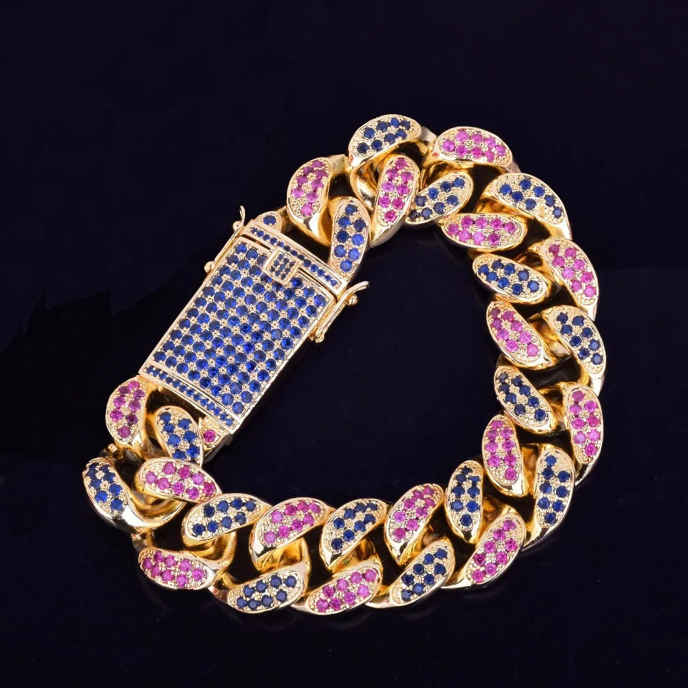 20mm Men's Chunky Colorful Zircon Miami Cuban Link Bracelet Bling Hip hop Jewelry Gold Color AAA CZ Cuban Chain Bracelet 20cm