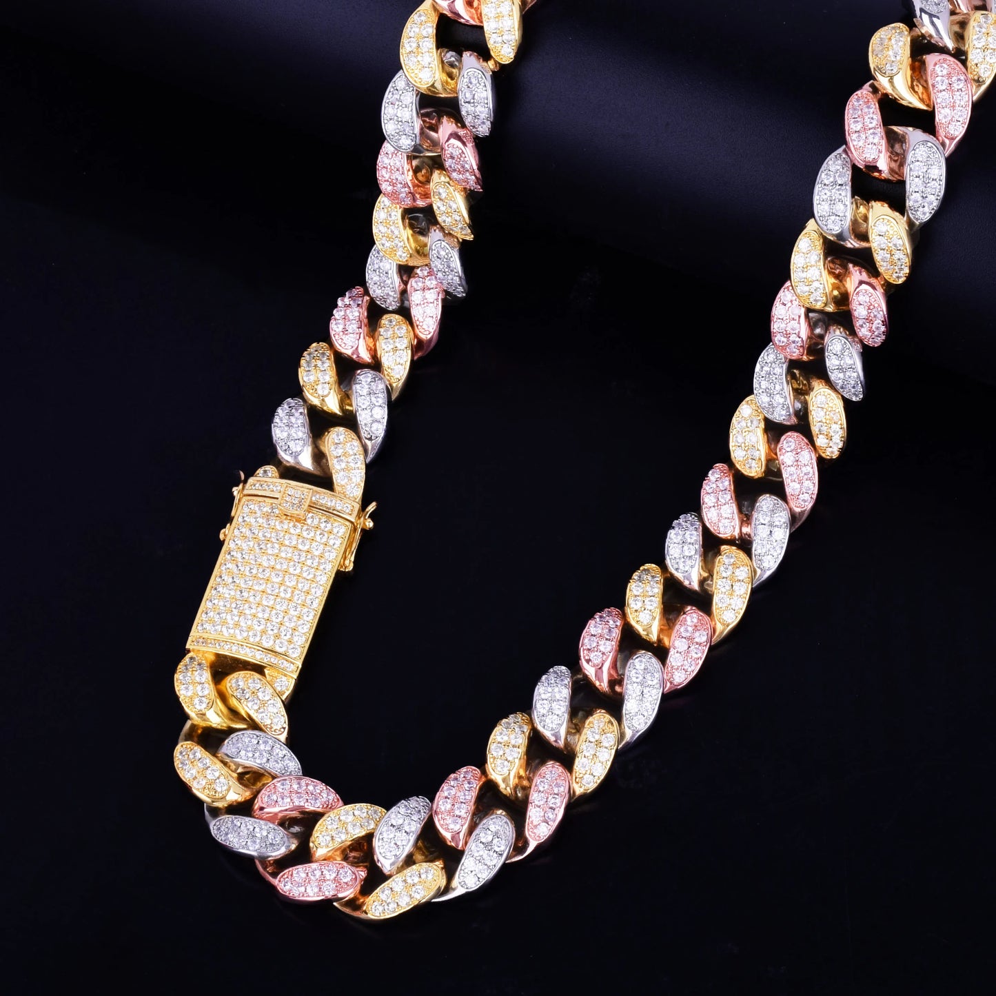 20mm Heavy Gold Color Rose Colorful Zircon Miami Cuban Necklace Choker Men's Hip hop Jewelry Big CUBAN Chain 16" 18" 20"