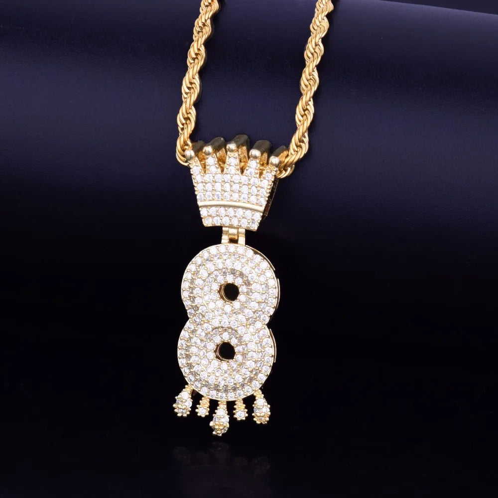 Crown Bail Drip Initials Bubble Number Chain Necklaces & Pendant For Men Women Gold Color Cubic Zircon Hip Hop Jewelry