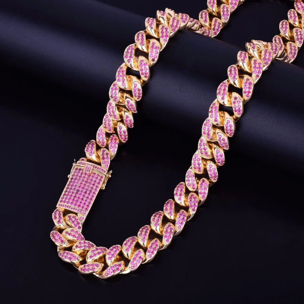 20mm Heavy Pink Color Zircon Miami Cuban Chain Necklace Big Choker Bling Bling Hip hop Men Jewelry Link 16" 18" 20"