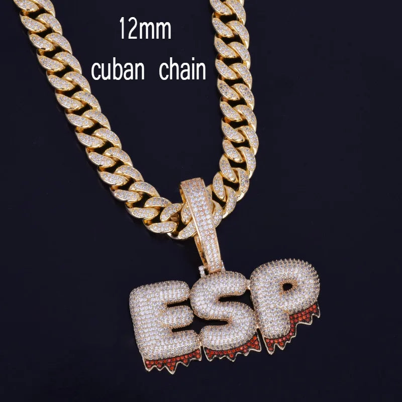 Bubble Letter Custom Name Necklace for Men Red Drippy Personalized Pendants Zircon Hip Hop Jewelry Real Gold Plated Iced Out