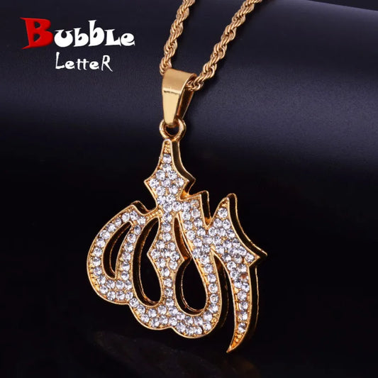 Religious Muslim Jewelry Hip Hop Style Gold Color Bling Crystal Islamic Allah Necklaces & Pendants For Men/Women