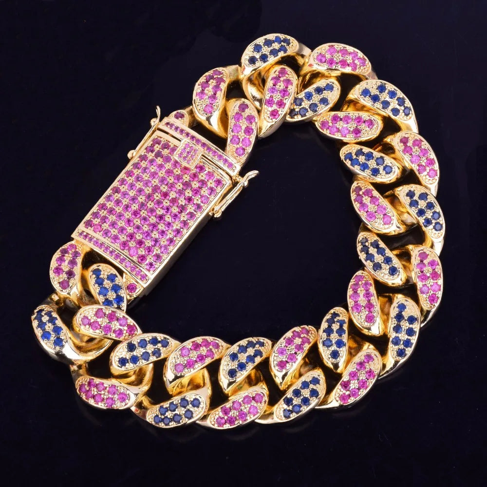 20mm Men's Chunky Colorful Zircon Miami Cuban Link Bracelet Bling Hip hop Jewelry Gold Color AAA CZ Cuban Chain Bracelet 20cm